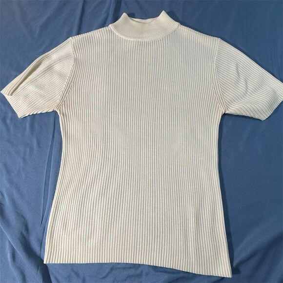 Parisian Works Sweaters - Parisian Works Petite Mock Neck Ribbed Short Sleeve Sweater Cream White PS